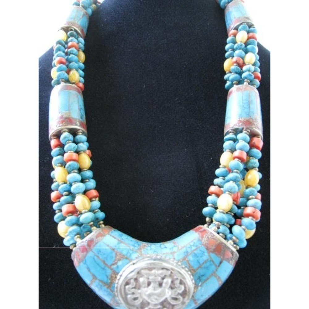 Ethnic Tibetan Handmade Turquoise Coral Tribal Sterling silver Necklace Nepal